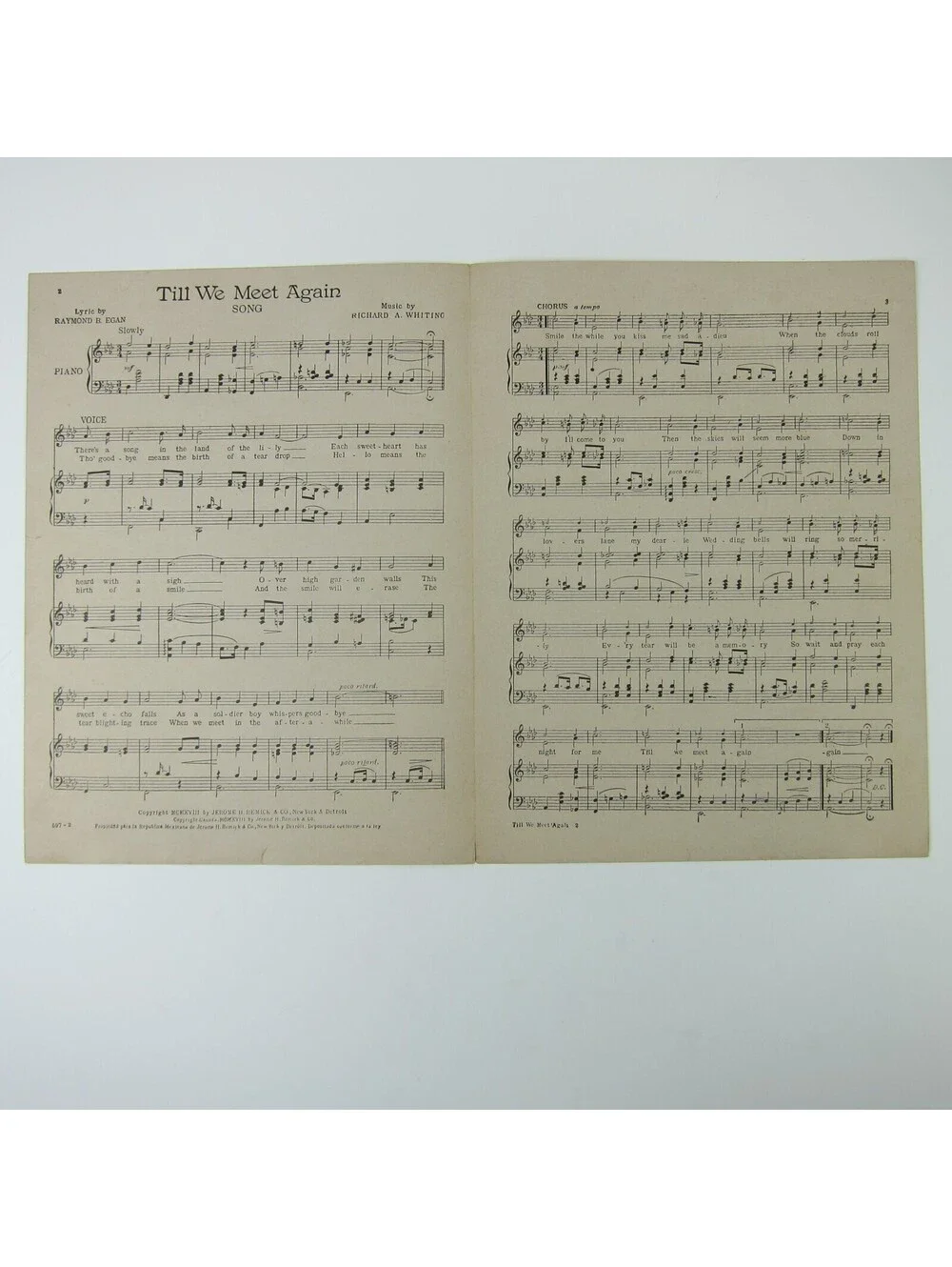 Sheet Music Till We Meet Again Song WWI Ray Egan & Richard Whiting Antique 1918